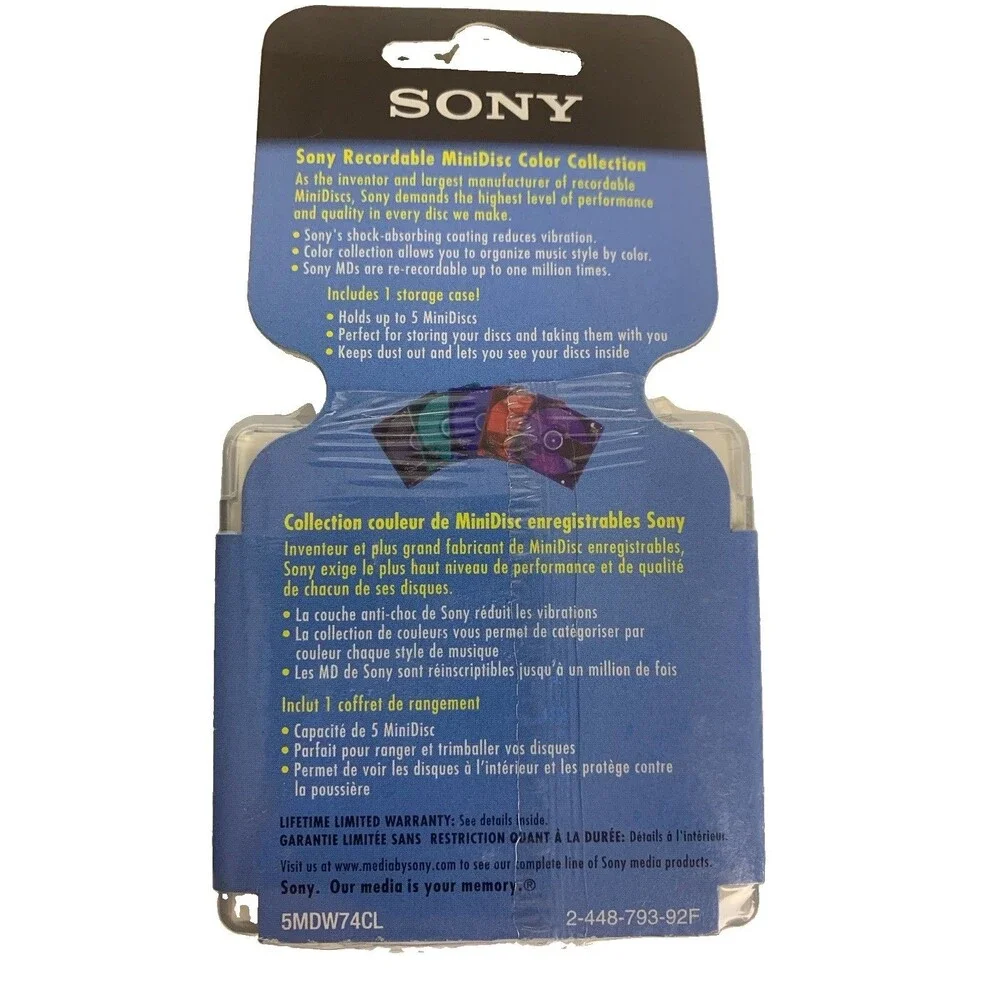 5 Pack Sony MD 74 Recordable Colored Mini Discs 74 Minute New & Sealed